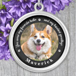 Favorite Hello Hardest Goodbye Photo Pet Memorial Silver Plated Necklace<br><div class="desc">Honor your best friend with a custom photo pet memorial necklace. This unique memorial keepsake is the perfect gift for yourself, family or friends to pay tribute to your loved one. This unique dog memorial necklace features a simple black and white design with decorative script. Quote "You were my favorite...</div>