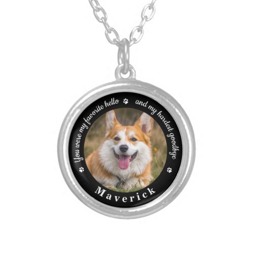 Favorite Hello Hardest Goodbye Photo Pet Memorial Silver Plated Necklace - Honor your best friend with a custom photo pet memorial necklace. This unique memorial keepsake is the perfect gift for yourself, family or friends to pay tribute to your loved one. This unique dog memorial necklace features a simple black and white design with decorative script.
Quote "You were my favorite hello and my hardest goodbye".
Customize with favorite dog, cat animal photo, name. 
COPYRIGHT © 2020 Judy Burrows, Black Dog Art - All Rights Reserved. Favorite Hello Hardest Goodbye Photo Pet Memorial Silver Plated Necklace
