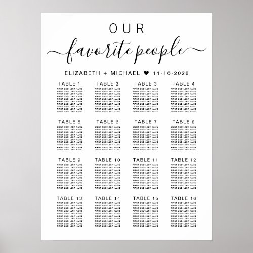 Favorite People 16 Table Wedding Seating Chart