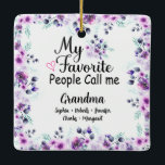 Favorite People Call Me Grandma | Grandkids Name Ceramic Ornament<br><div class="desc">What a delightful and personalized gift! This Ceramic Ornament features a beautiful purple floral design, accompanied by the grandkids' names. The Ceramic Ornament is perfect for Grandma to wear while cooking up a storm in the kitchen, and the personalized touch will make her feel loved and cherished. making it a...</div>