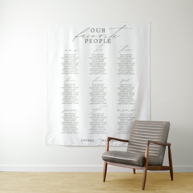 Favorite People Green Sage Wedding Seating Chart Tapestry (In Situ)