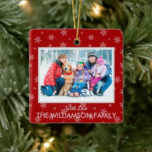 Favorite Photo on Christmas Red with Snowflakes Ceramic Ornament
