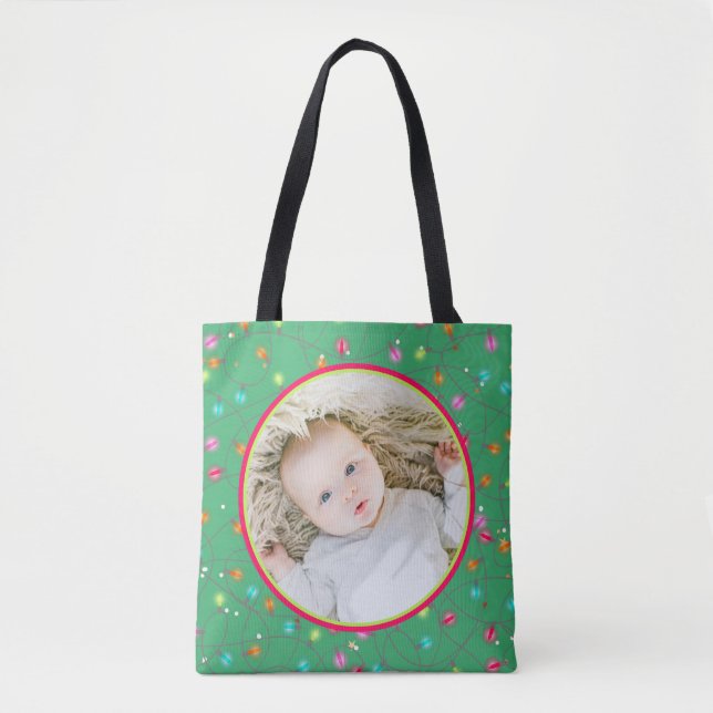 Favorite Photo Personalized Christmas Lights Tote Bag (Front)