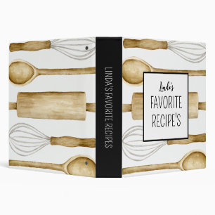 Favorite Recipe Watercolor Kitchen Utensils Black 3 Ring Binder
