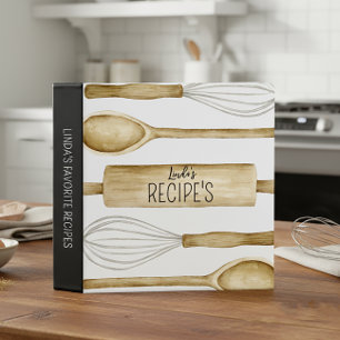 Favorite Recipe Watercolor Kitchen Utensils Black 3 Ring Binder