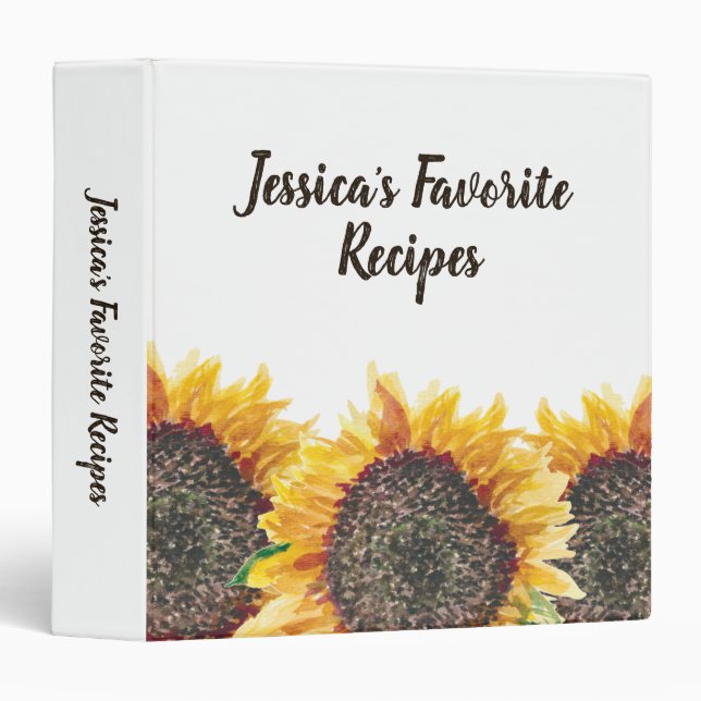 Favorite Recipes Yellow Brown Sunflowers White 3 Ring Binder (Front/Spine)