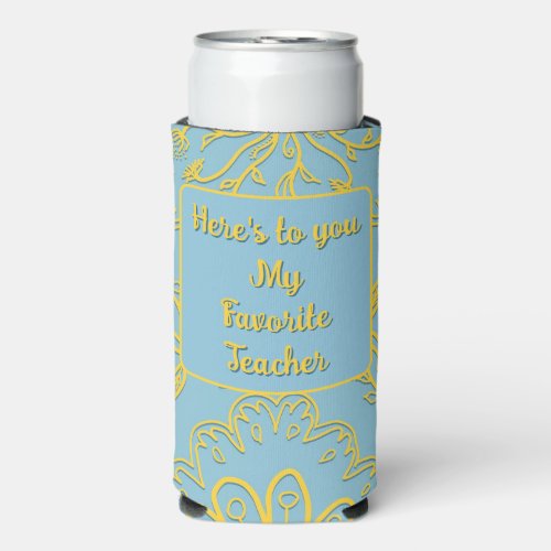 Favorite Teacher Blue Patchwork Floral Art Seltzer Can Cooler
