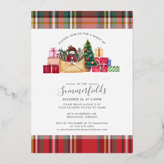 Favorite Things Family Christmas Party Silver Foil Holiday Card (Front)