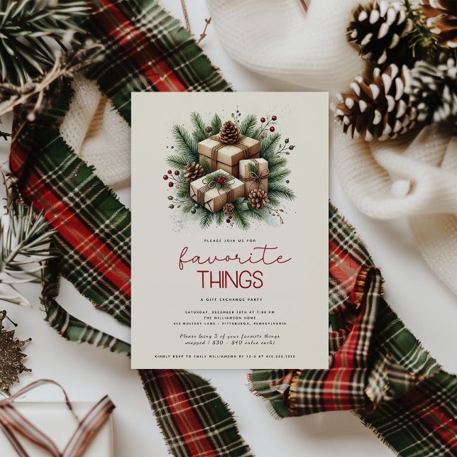 Favorite Things Festive Christmas Gift Exchange  Invitation (Favorite Things Christmas Party Invitation )