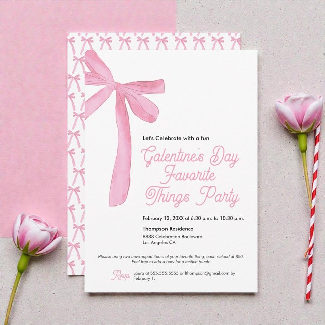 Favorite things Galentine's Party Pink Bow Theme Invitation (Coquette ribbon bows Galentine’s favorite things party invitation )