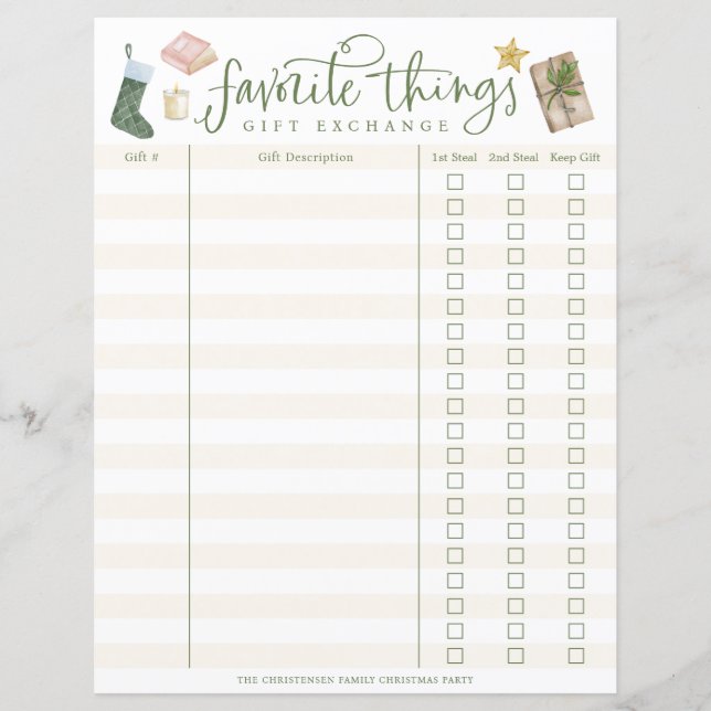 Favorite Things Gift Exchange Tracker (Front)