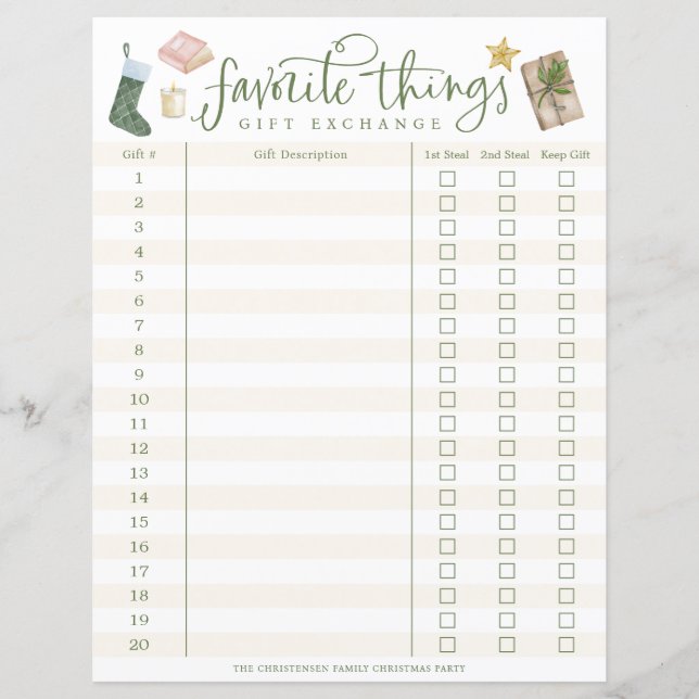 Favorite Things Gift Exchange Tracker #1-20 (Front)