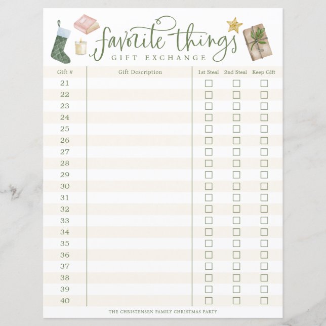 Favorite Things Gift Exchange Tracker #21-40 (Front)