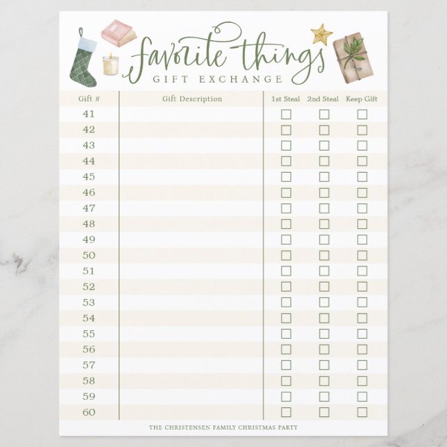 Favorite Things Gift Exchange Tracker #41-60 (Front)