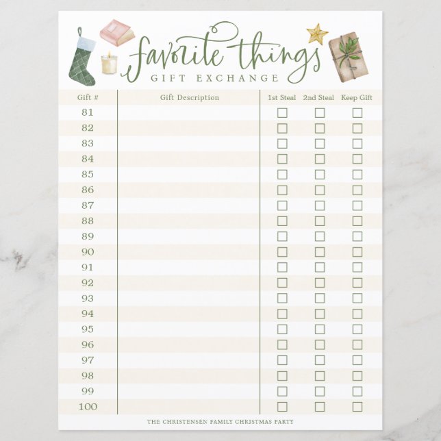 Favorite Things Gift Exchange Tracker #81-100 (Front)
