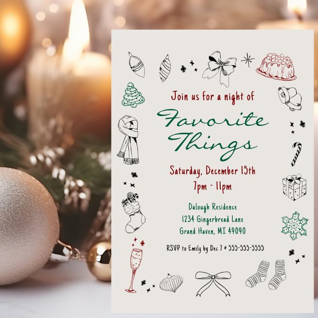 Favorite Things Hand Drawn Christmas Party  Holiday Card (Creator Uploaded)