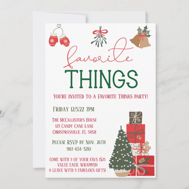 Favorite Things Holiday Party Modern Invitation (Front)