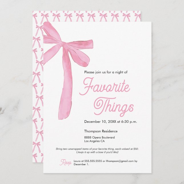 Favorite things Party Cute Pink Bow Invitation (Front/Back)