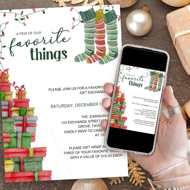Favorite Things Stockings and Presents Holiday Invitation (Favorite Things Holiday Gift Exchange Party Invitation)