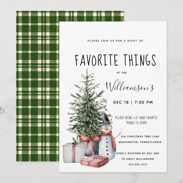 Favorite Things Watercolor Christmas Party  Invitation (Front/Back)