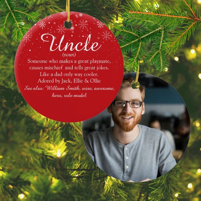 Favorite Uncle Definition Photo Snowflakes Script Ceramic Ornament (Favorite Uncle Definition Photo Snowflakes Script Ceramic Ornament)