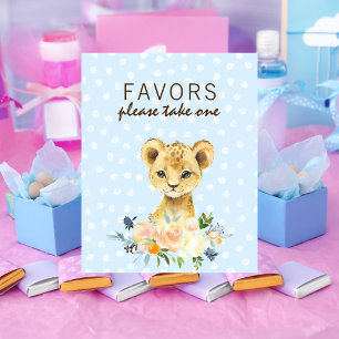 Favors Baby Shower Lion Cub Floral Blue Poster