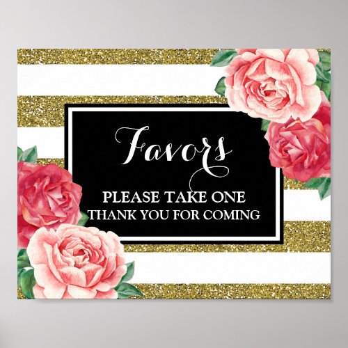 Favors Baby Shower Sign Black Gold Pink Floral