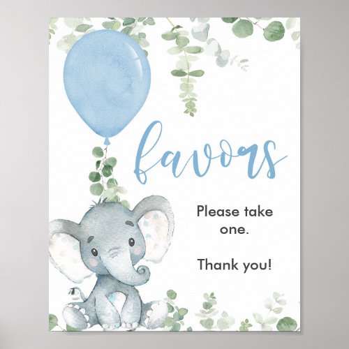 Favors baby shower sign blue elephant greenery