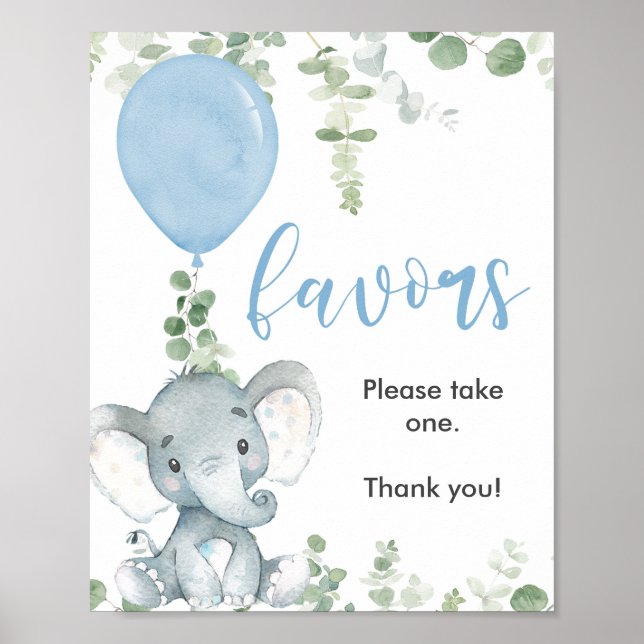 Favors baby shower sign blue elephant greenery (Front)