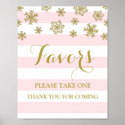Favors Baby Shower Sign Gold Snow Pink Stripes