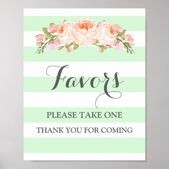 Favors Baby Shower Sign Mint Flowers Stripes (Front)