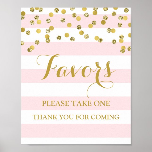 Favors Baby Shower Sign Pink Stripes Gold Confetti (Front)