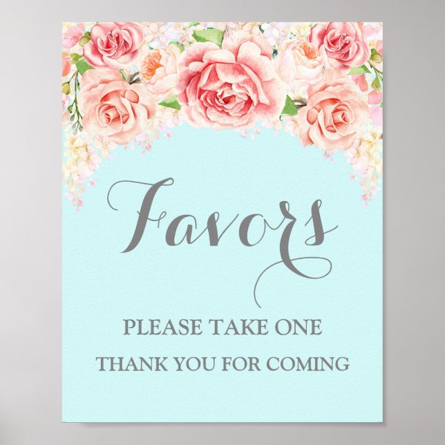 Favors Baby Shower Sign Pink Watercolor Blue (Front)