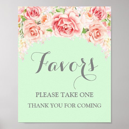 Favors Baby Shower Sign Pink Watercolor Mint