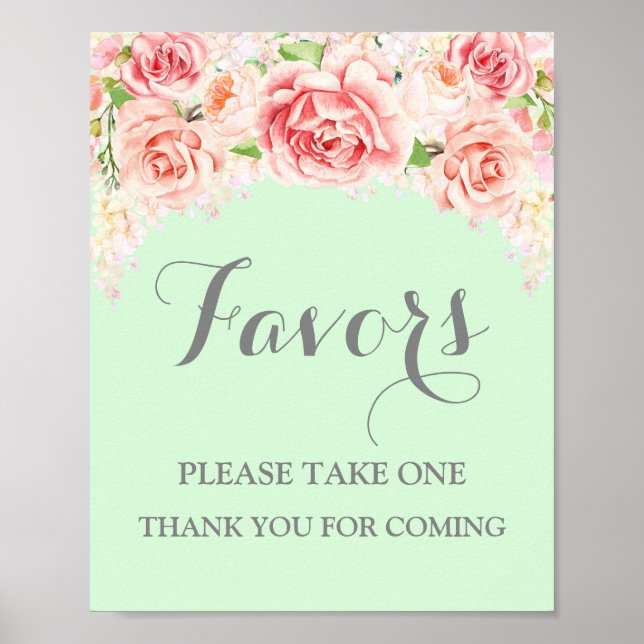 Favors Baby Shower Sign Pink Watercolor Mint (Front)