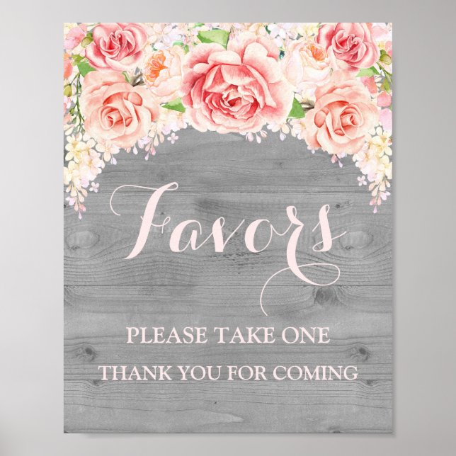 Favors Baby Shower Sign Pink Watercolor Wood (Front)