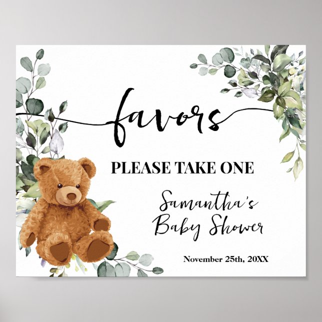 Favors Bear Greenery Eucalyptus Baby Shower Sign (Front)