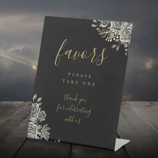 Favors Black And Gold Gothic Roses Floral Pedestal Sign | Zazzle