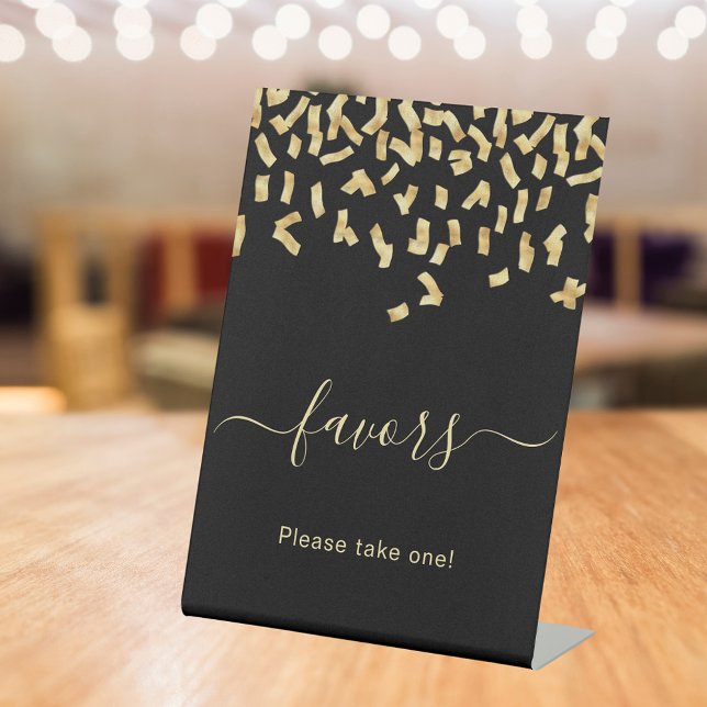 Favors black gold confetti pedestal sign (Creator Uploaded)