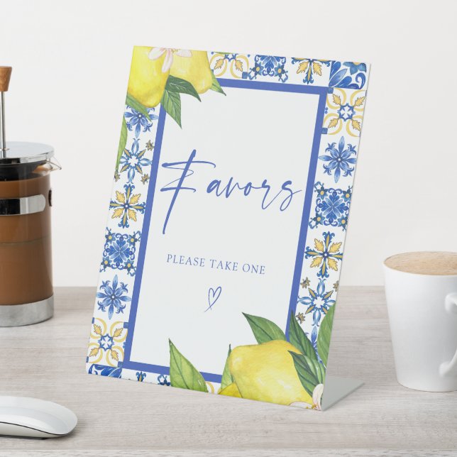 Favors Blue Tiles Lemons Bridal Shower Pedestal Sign (In SItu)