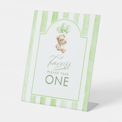 Favors Cute Teddy Bear Green Stripes Baby Shower Pedestal Sign