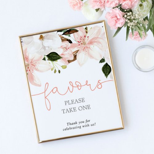 Favors floral lilies blush baby shower sign