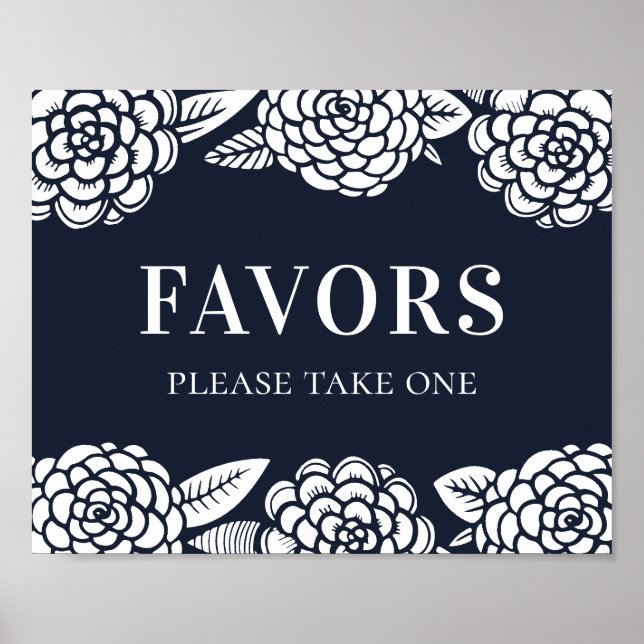 Favors. Navy modern flowers. Blue floral wedding Poster (Front)