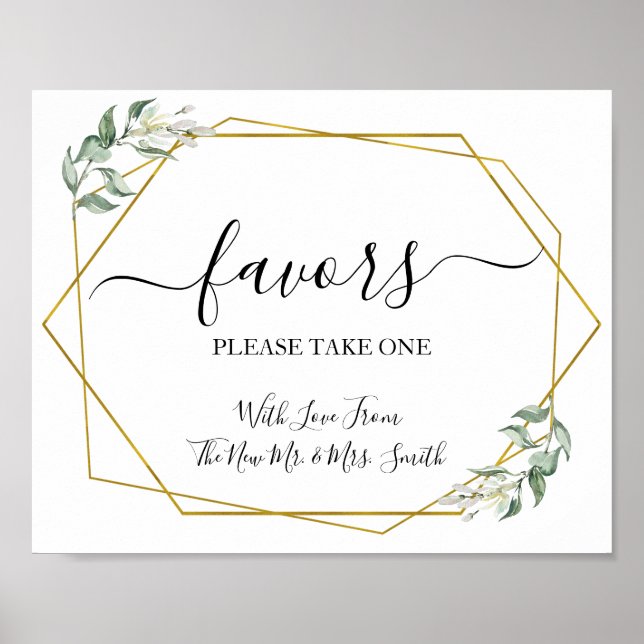 Favors party sign wedding reception greenery gold (Front)