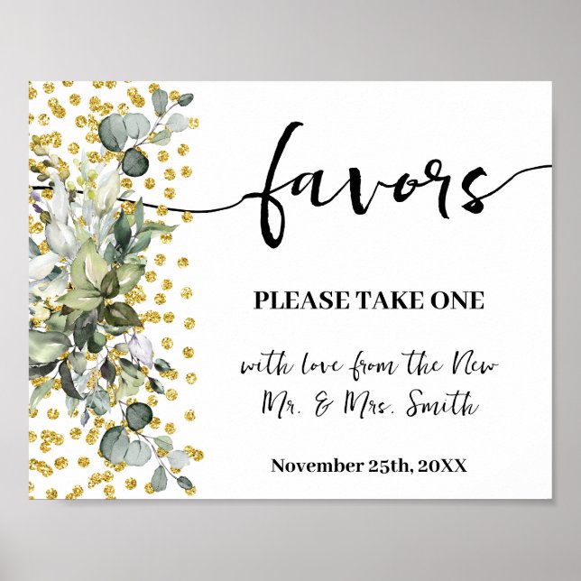 Favors Party Wedding Bridal Shower Eucalyptus Gold Poster (Front)