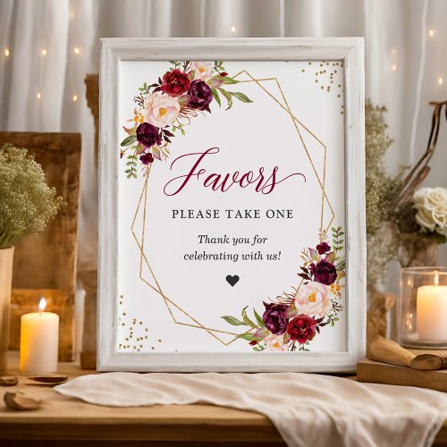 Favors Please Take One Burgundy Floral Geometric Poster