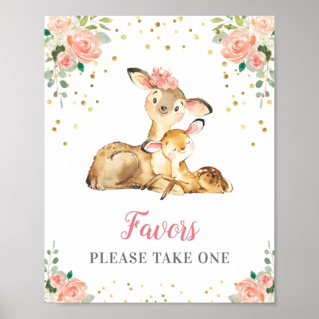 Favors Please Take One Deer Doe Girl Baby Shower Poster (Front)