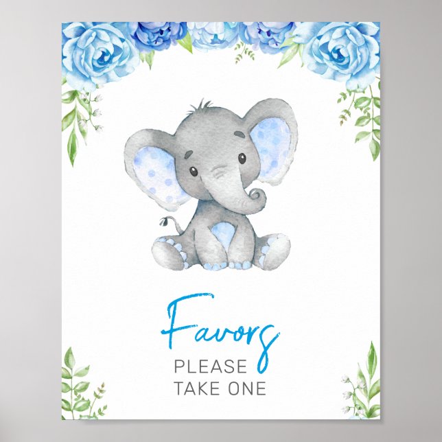 Favors Please Take One Elephant Baby Boy Shower Poster (Front)