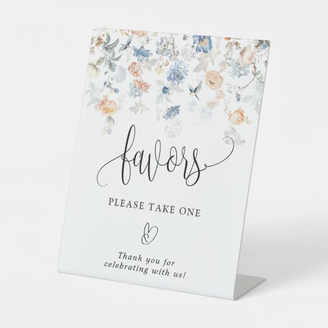 Favors Please Take One Floral Peach Blush Blue  Pedestal Sign (Front)