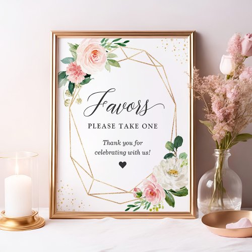 Favors Please Take One Gold Frame Blush Floral Poster